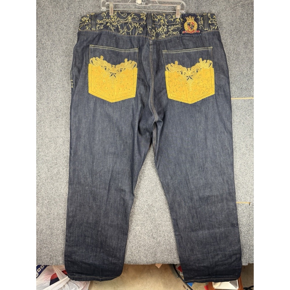 Crown Holder Men's Jeans 44x35 Embroidered Graphic Pockets Dark Wash Denim Flaw - Picture 2 of 13